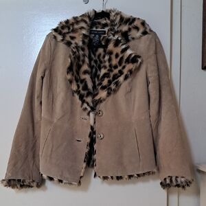 New York & Company Tan Teddy Jacket with Leopard Fur Trim and Soft Texture